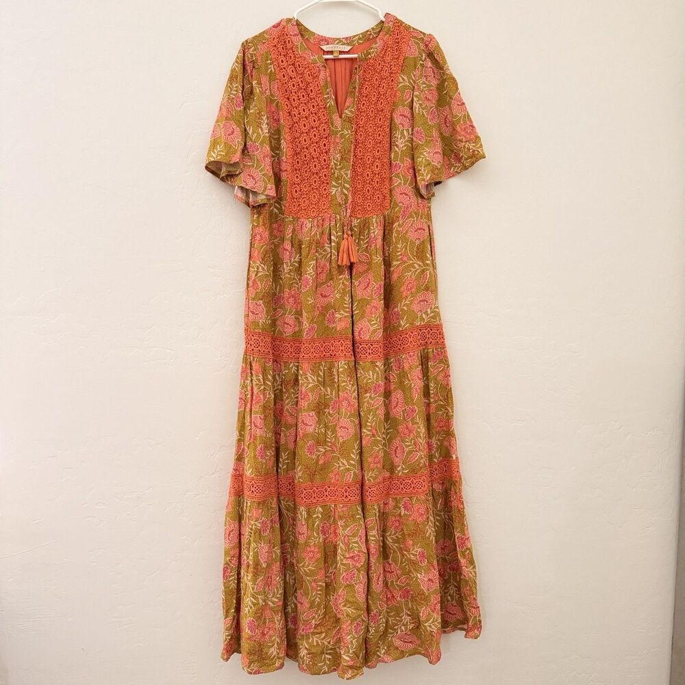 Downeast Floral Maxi Dress Small Boho Crochet Lace Tiered Tassel Viscose